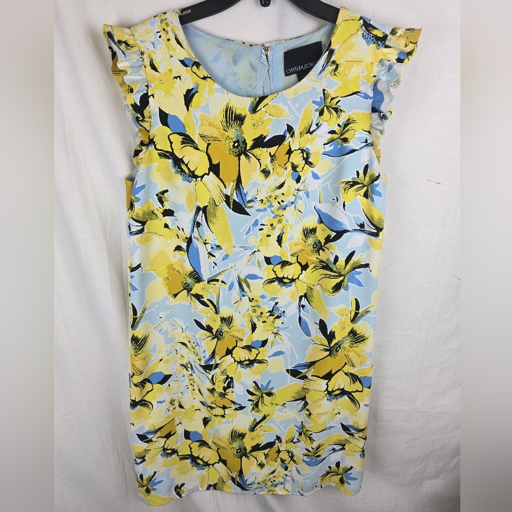Cynthia Rowley Yellow Floral Sleeveless Dress with Ruffle Shoulders Sz 4